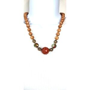 Vintage Cloisonne Agate Necklace 18 inch Carved Focal Gold Tone